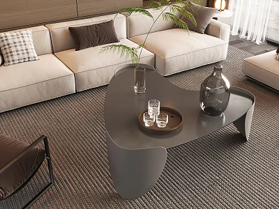 Modern Living Room Coffee Table With Irregular Gray Shape And Decorative Vase Plants 3d model