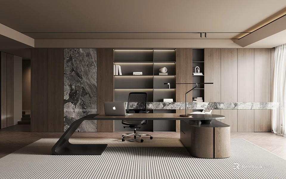 Modern Office Interior With Elegant Wooden Bookshelves Marble Wall Desk Laptop And Table Lamp 3d model 