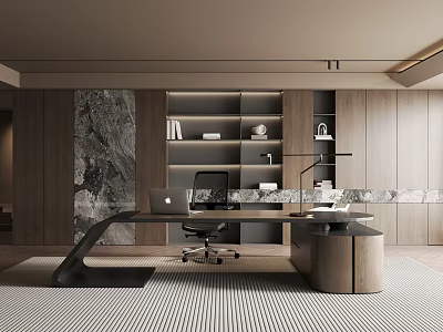 Modern Office Interior With Elegant Wooden Bookshelves Marble Wall Desk Laptop And Table Lamp 3d model