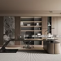 Modern Office Interior With Elegant Wooden Bookshelves Marble Wall Desk Laptop And Table Lamp
