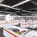 Supermarket Department Store Interior With White Pillars Shelves And Orange Striped Counters 3d model