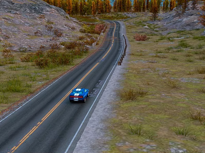 Blue Car Driving on Winding Road Through Grassland Hills and Trees 3d model