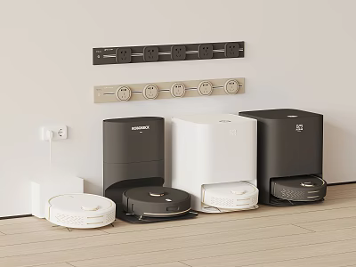 Smart Home Cleaning Devices With Robot Vacuums And Wall Power Sockets 3d model