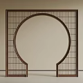 Brown Wooden Room Divider With Circular Arch And Grid Pattern For Interior Space 3d model