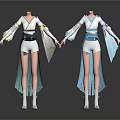 Women In Traditional White Top Blue Gray Skirt With Long Sleeves And White Boots