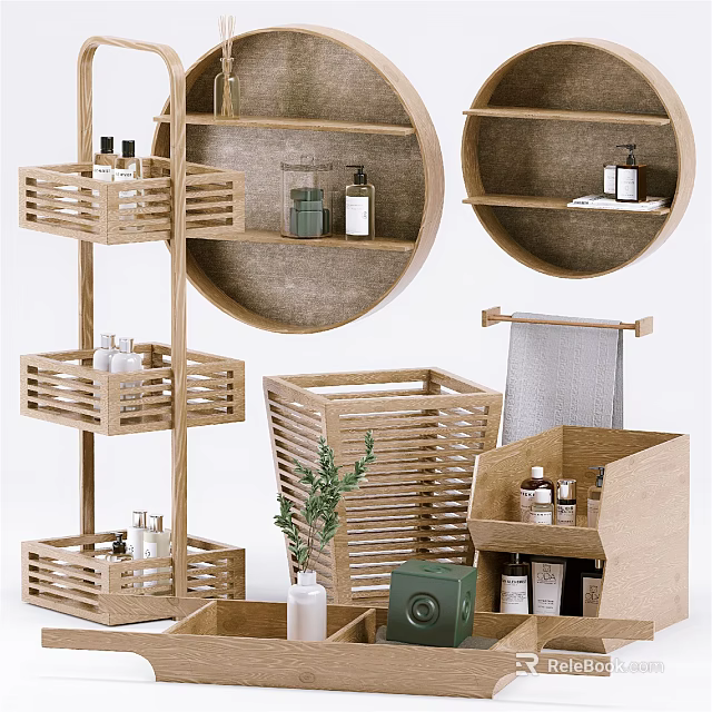 Natural Wooden Bathroom Accessories With Shelves Baskets Towel And Toiletries Organizer 3d model 