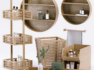 Natural Wooden Bathroom Accessories With Shelves Baskets Towel And Toiletries Organizer 3d model