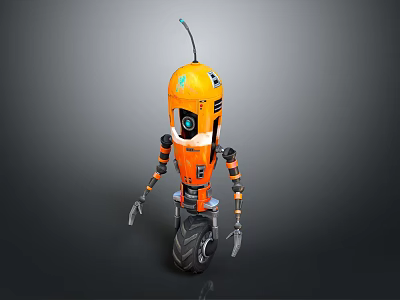 Orange Robot Character With Antenna Large Eye Mechanical Arms And Unicycle Base 3d model