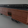 Vintage Brown Train Carriage With Wooden Exterior Windows And Metal Wheels