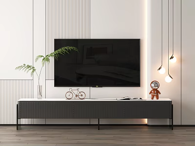 Modern TV Stand With Black Television Green Plant And Pendant Lights In Living Room Interior 3d model