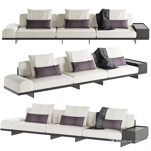 Modern Cream Two Seater Sofa with Patterned Cushions and Black Side Table 3d model