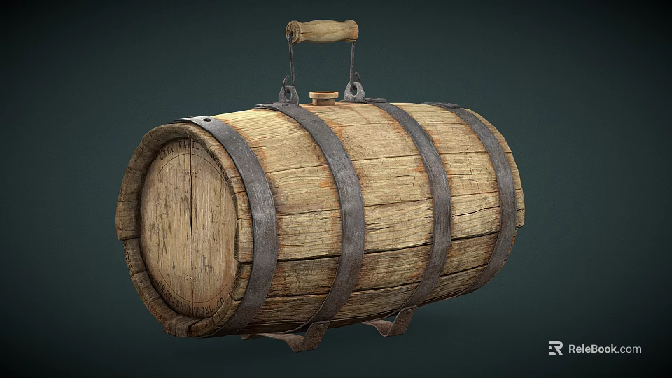 Traditional Wooden Kitchen Barrel With Metal Hoops And Sturdy Wooden Handle 3d model 