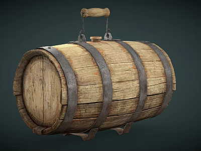 Traditional Wooden Kitchen Barrel With Metal Hoops And Sturdy Wooden Handle 3d model