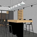 Modern Public Office Space with Long Wooden Tables Black Office Chairs and Pendant Lights