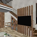 Hotel Room Interior with Wooden Walls Furniture Brick Accent Comfortable Bed and Flat Screen TV
