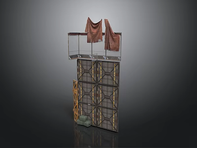Multi Tiered Decorative Structure With Hanging Cloths Upper Platform And Grid Patterned Cabinet 3d model