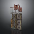 Multi Tiered Decorative Structure With Hanging Cloths Upper Platform And Grid Patterned Cabinet