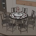 Chinese Style Round Dining Table Set With Chairs Tableware Flower Vase And Wall Decor 3d model