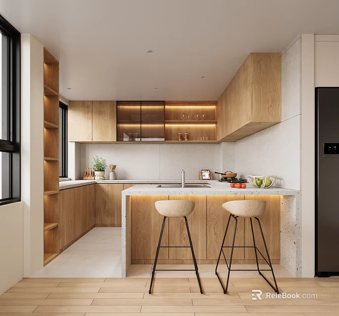 Modern Kitchen Interior With Wooden Cabinets Island Counter Bar Stools Fresh Fruit And Potted Plant 3d model 