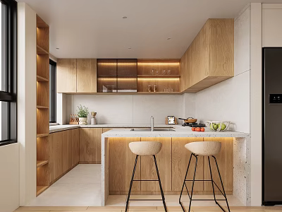 Modern Kitchen Interior With Wooden Cabinets Island Counter Bar Stools Fresh Fruit And Potted Plant 3d model