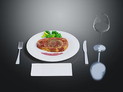 Grilled Steak Dinner Served With Broccoli On White Plate And Wine Glass Fork Knife Napkin 3d model