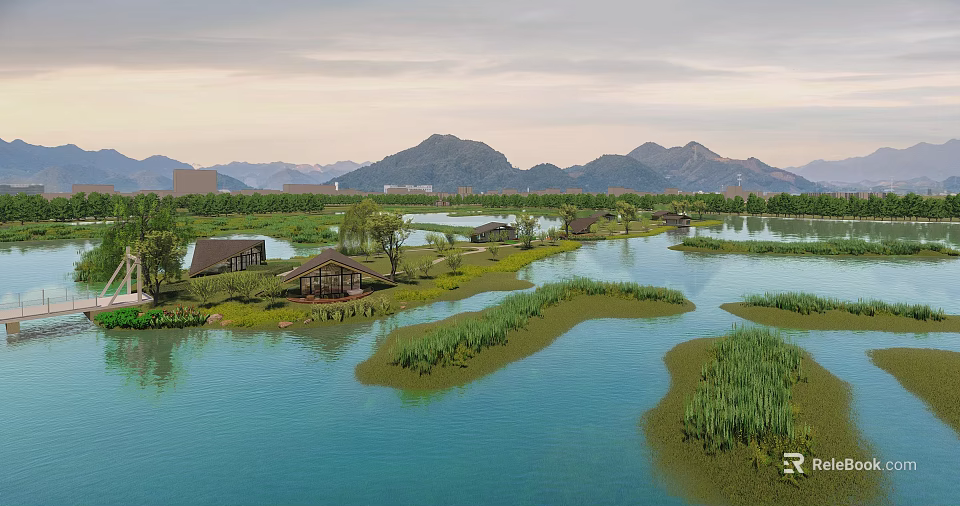 Scenic Waterfront Landscape With Calm Water Green Islands Wooden Pavilions And Distant Mountains 3d model 