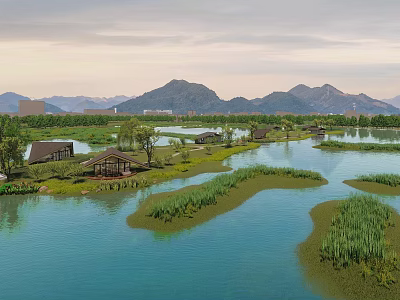 Scenic Waterfront Landscape With Calm Water Green Islands Wooden Pavilions And Distant Mountains 3d model