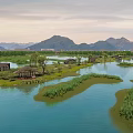 Scenic Waterfront Landscape With Calm Water Green Islands Wooden Pavilions And Distant Mountains