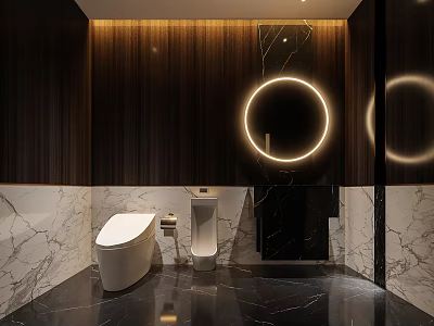 Modern Hotel Bathroom Interior Design With Wooden Walls Circular Illuminated Mirror And Marble Accents 3d model