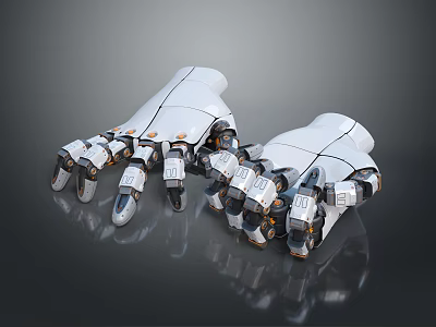 White Mechanical Palms As Household Items With Metal And Orange Joints On Black Reflective Surface 3d model