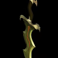 Mythical Elven Curved Blade Weapon With Green Red Accents And Ornate Design