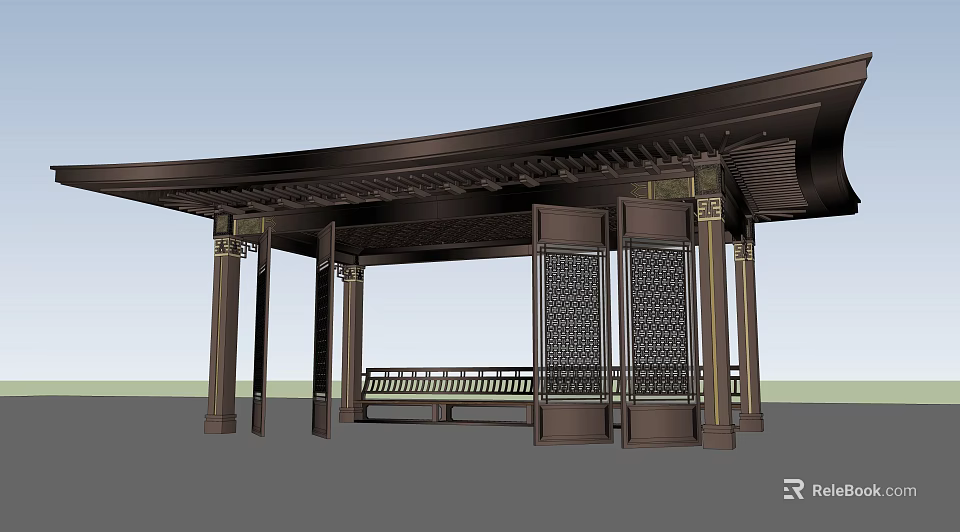 Traditional Chinese Garden Pavilion With Curved Roof Carved Details And Wooden Bench 3d model 