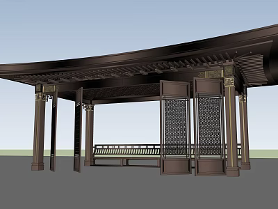 Traditional Chinese Garden Pavilion With Curved Roof Carved Details And Wooden Bench 3d model