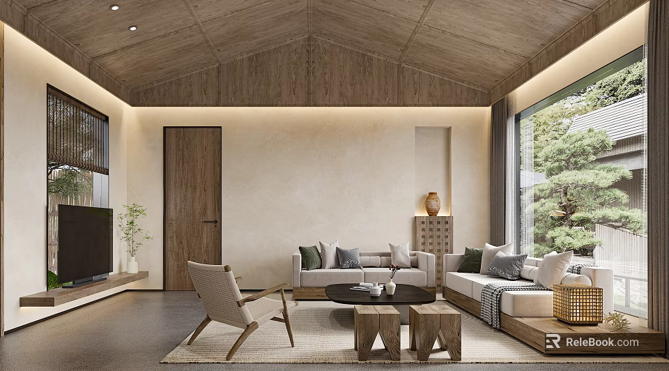 Serene Living Room With Wooden Ceiling Beige Walls Sofa And Large Windows 3d model 