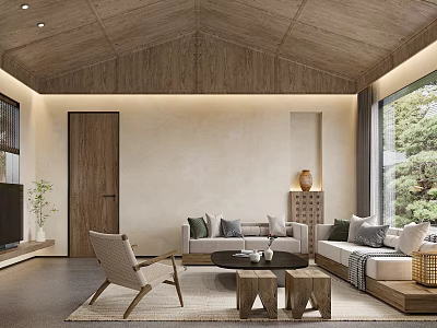 Serene Living Room With Wooden Ceiling Beige Walls Sofa And Large Windows 3d model