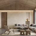 Serene Living Room With Wooden Ceiling Beige Walls Sofa And Large Windows