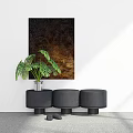 Three Black Round Shoe Stools With Green Plant And Wall Painting Near Slippers