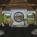 Traditional Chinese Garden Landscape With Round Lattice Window Wooden Structure Green Plants And Stone Elements