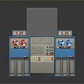 Blue Industrial Control Panel With Digital Screens And Control Buttons