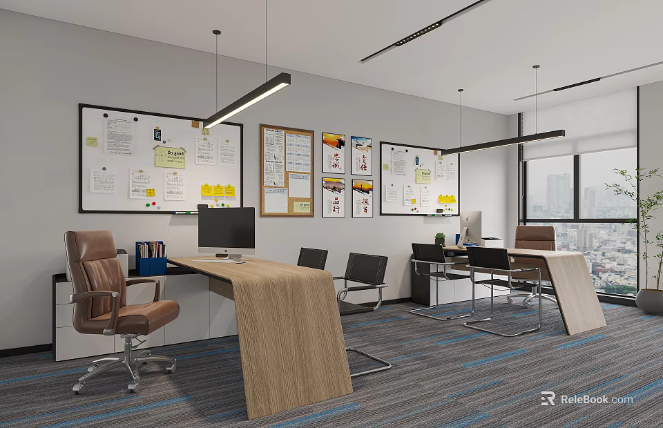 Modern Office Open Layout With Wooden Desk Whiteboard Charts Ergonomic Chairs Large Windows And Carpet 3d model 