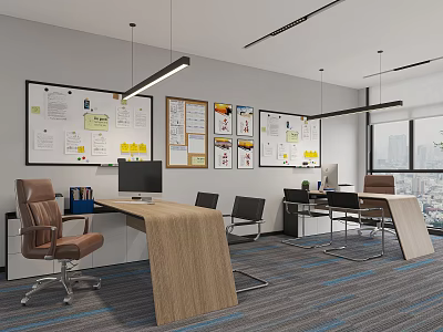Modern Office Open Layout With Wooden Desk Whiteboard Charts Ergonomic Chairs Large Windows And Carpet 3d model