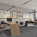 Modern Office Open Layout With Wooden Desk Whiteboard Charts Ergonomic Chairs Large Windows And Carpet