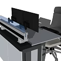Modern Office Desk With Dual Monitors Blue Screens Keyboard Mouse And Ergonomic Mesh Chair