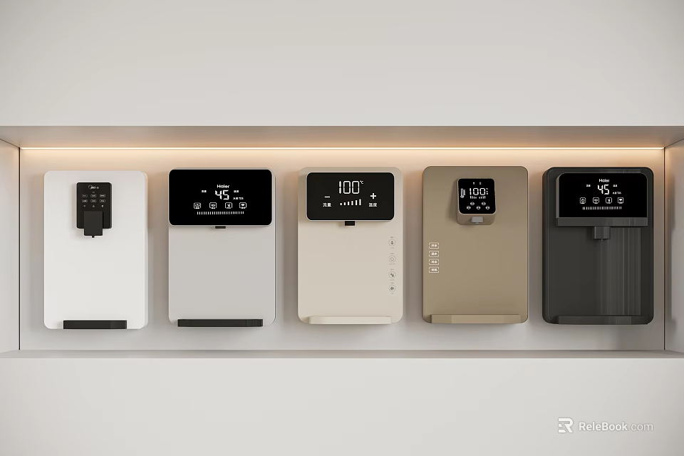 Various Colored Modern Household Appliances Featuring Digital Displays Arranged On Kitchen Shelf 3d model 