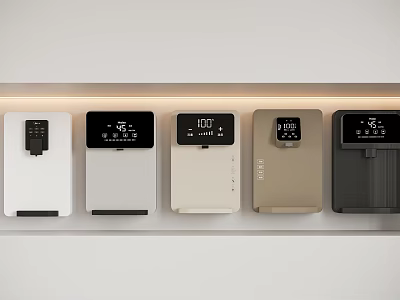 Various Colored Modern Household Appliances Featuring Digital Displays Arranged On Kitchen Shelf 3d model