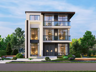Three Story Modern Detached Villa With Glass Windows Balconies And Green Plants 3d model
