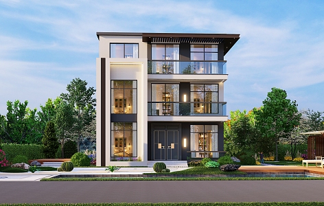 Modern single-family villa Three-storey single-family villa Architectural appearance 3d model