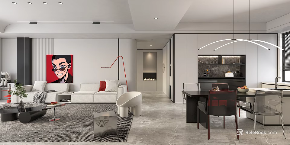 Modern Open Concept Living Dining Room Interior With Sofa Dining Table Artwork And Floor Lamp 3d model