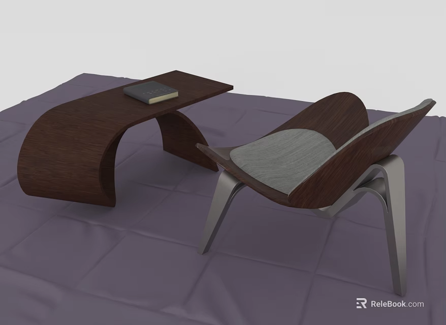 Modern Wooden Leisure Chair With Gray Cushion And Matching Table With Book 3d model 
