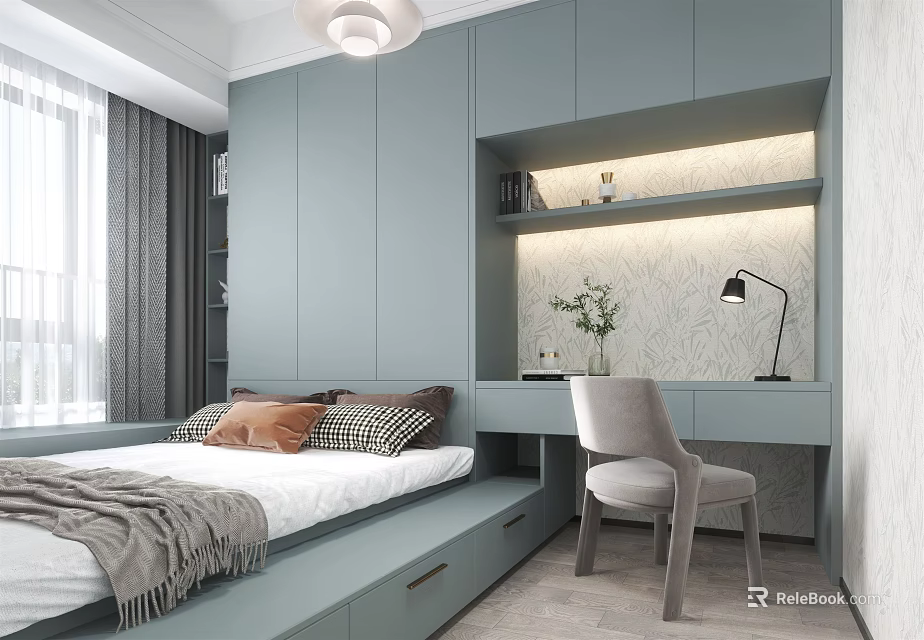 Modern Tatami Bedroom Interior Design With Tatami Bed Storage Cabinets And Desk Chair 3d model 